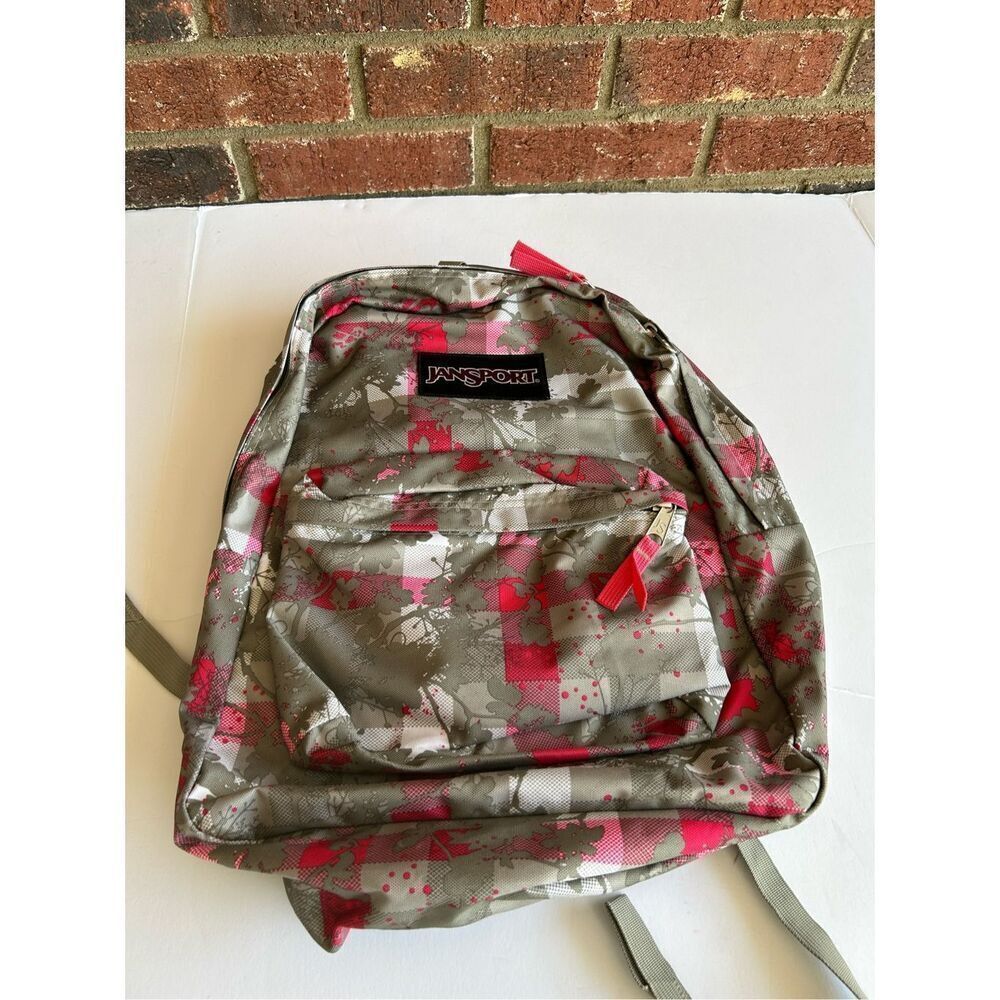 JanSport‎ backpack gray pink squares 18"x15"